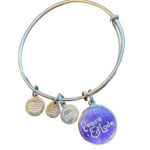 Alex and Ani Silver and Purple Peace & Love Charm Bracelet